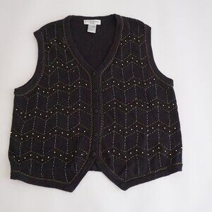 Vintage Victoria Jones Knit Sweater Vest Black Gold Stitching Preppy Chic XL